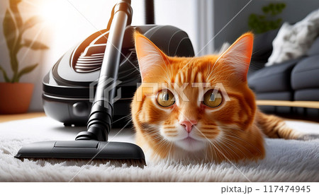 Vacuum Cleaner and a Ginger Cat on a White Carpet in a Living Room - Generative Ai 117474945