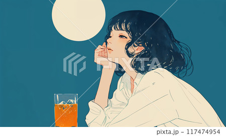 満月を見ながらお酒を飲む女性 満月を見ながらお酒を飲む女性 117474954