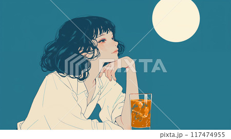 満月を見ながらお酒を飲む女性 117474955
