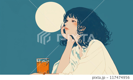 満月を見ながらお酒を飲む女性 117474956