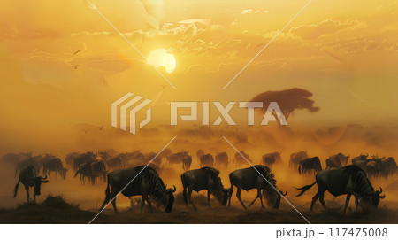 Golden Sunset Over Migrating Wildebeest. Generative AI	 117475008