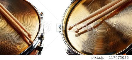 Wooden Drumsticks on a Snare Drum and Golden Cymbal Isolated on White - Generative Ai 117475026