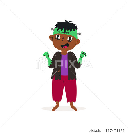 Funny boy in halloween frankenstein costume. Baby boy dressed as a zombie. Vector illustration. Happy and cute carnival child. 117475121