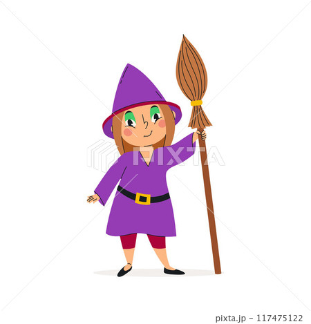Funny girl in halloween costume. Baby girl dressed as a witch. Vector illustration. Happy and cute carnival child. Character design Funny girl in halloween costume. Baby girl dressed as a witch. Vector illustration. Happy and cute carnival child. Character design 117475122