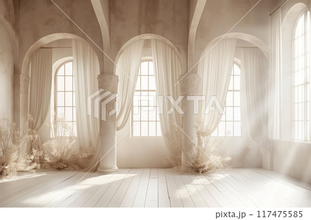 Sunlit spacious interior with curtains and pillars 117475585
