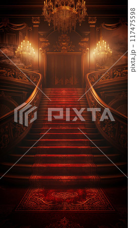 Elegant staircase with red carpet and chandeliers 117475598