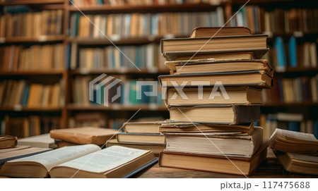 Books stacked with open book in library 117475688