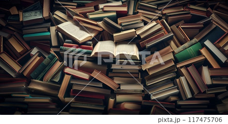 Piled high with myriad books Piled high with myriad books 117475706