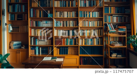 Library interior with books and empty table 117475707