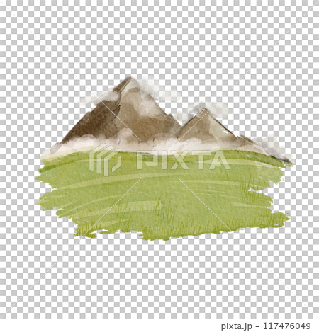 Watercolor illustration of misty mountains and green field. Illustration mountain range watercolor forest wild nature. Glade with grass. Wild landscape element. Perfect textile design, postcard, pack. Watercolor illustration of misty mountains and green field. Illustration mountain range watercolor forest wild nature. Glade with grass. Wild landscape element. Perfect textile design, postcard, pack. 117476049