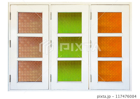 Antique vintage stained glass window on white background with clipping path Antique vintage stained glass window on white background with clipping path 117476084