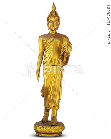 Ancient golden buddha statue standing on white background with clipping path,front view Ancient golden buddha statue standing on white background with clipping path,front view 117476088