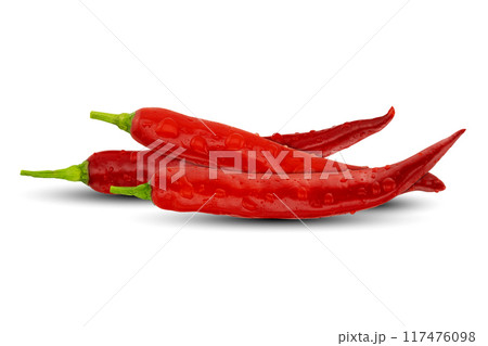 Wet red chili peppers isolated on white background with clipping path Wet red chili peppers isolated on white background with clipping path 117476098