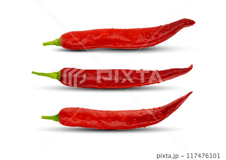 Wet red chili peppers isolated on white background with clipping path 117476101