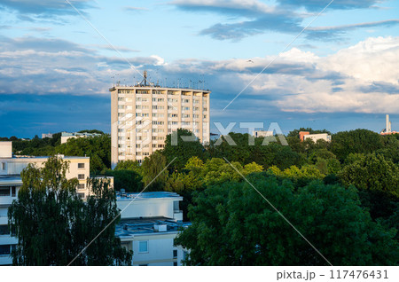 Bremen, Germany, July 16, 2024 - High angle over the suburbs with apartment blocks 117476431