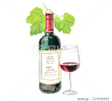 水彩絵の具で描いた赤ワインボトルとグラスのイラスト素材 [117476455