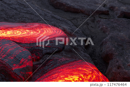 Glowing Lava Streams Through Rocky Terrain 117476464