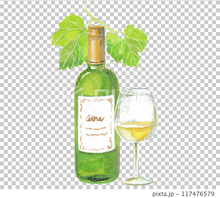 White wine bottle and glass painted with watercolors White wine bottle and glass painted with watercolors 117476579