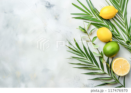 Lulav, myrtle, willow, and etrog (citron) on a light background 117476970