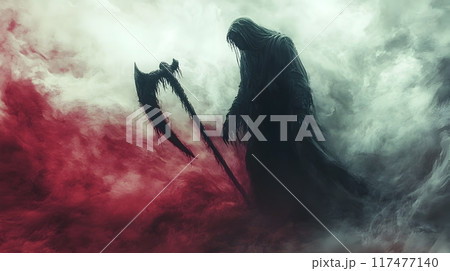 Sinister Reaper Emerging from Shadows Scythe in Hand Surrounded by Eerie Mist 117477140