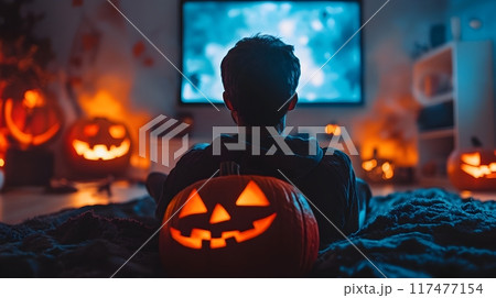 Spooky Halloween Movie Marathon Night with Eerie and Costumed Viewers 117477154