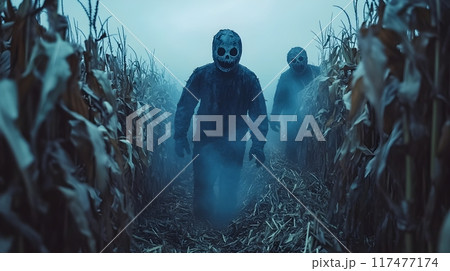 Haunting Corn Maze Adventure with Creepy Scarecrows and Eerie Fog at Halloween Event 117477174