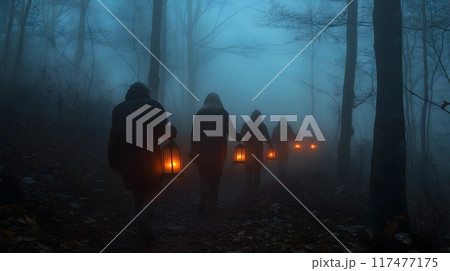 Haunting Figures Holding Lanterns in a Misty Spooky Forest at Night 117477175