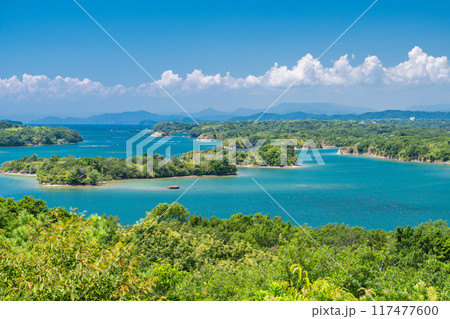 《三重県》夏の英虞湾の海岸線・ともやま公園から望むリアス式海岸 117477600