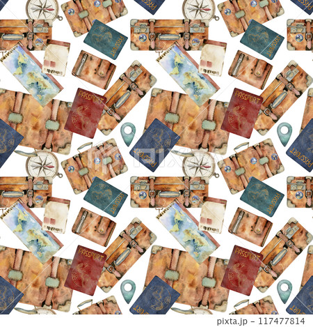 Vintage retro luggage suitcases, compass wallet passport id document, tickets cotton flower. Watercolor hand drawn art. Seamless pattern. Design for tourism, travel, brochure, wedding, guide, print. 117477814