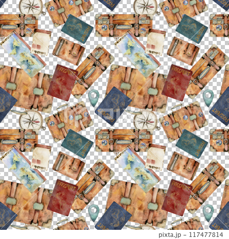 Vintage retro luggage suitcases, compass wallet passport id document, tickets cotton flower. Watercolor hand drawn art. Seamless pattern. Design for tourism, travel, brochure, wedding, guide, print. 117477814