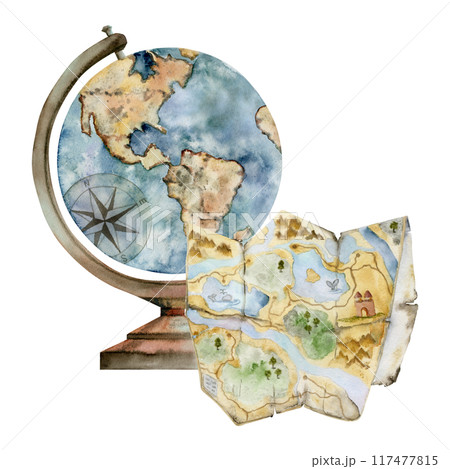 Navigation orientation unfolded map and old vintage globe, Americas view. Watercolor hand drawn retro textured illustration. Design for tourism, travel, brochure, wedding, guide, print, card tattoo. 117477815