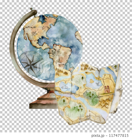 Navigation orientation unfolded map and old vintage globe, Americas view. Watercolor hand drawn retro textured illustration. Design for tourism, travel, brochure, wedding, guide, print, card tattoo. 117477815