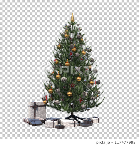 Christmas tree with decorations, isolate on a transparent background, 3d illustration, cg render Christmas tree with decorations, isolate on a transparent background, 3d illustration, cg render 117477998