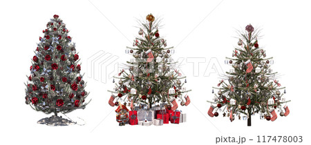 Christmas tree with decorations, isolate on a transparent background, 3d illustration, cg render 117478003