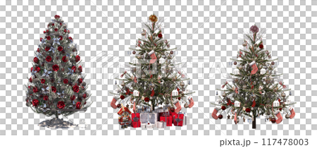Christmas tree with decorations, isolate on a transparent background, 3d illustration, cg render 117478003