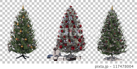 Christmas tree with decorations, isolate on a transparent background, 3d illustration, cg render 117478004