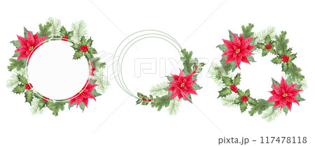 Christmas frames with poinsettia flower, holly berries, leaves with conifer branches. Watercolor illustration, markers. Hand drawn isolated art. Set of round wreaths for winter holidays New Year. Christmas frames with poinsettia flower, holly berries, leaves with conifer branches. Watercolor illustration, markers. Hand drawn isolated art. Set of round wreaths for winter holidays New Year. 117478118