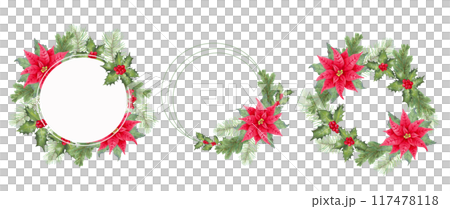 Christmas frames with poinsettia flower, holly berries, leaves with conifer branches. Watercolor illustration, markers. Hand drawn isolated art. Set of round wreaths for winter holidays New Year. Christmas frames with poinsettia flower, holly berries, leaves with conifer branches. Watercolor illustration, markers. Hand drawn isolated art. Set of round wreaths for winter holidays New Year. 117478118