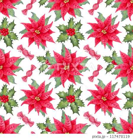 Poinsettia flower with caramel candies, holly berries and leaves. Hand drawn seamless pattern isolated from background. Watercolor, marker illustration. Wallpaper for Christmas and New Year holidays. 117478119