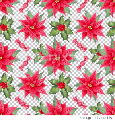 Poinsettia flower with caramel candies, holly berries and leaves. Hand drawn seamless pattern isolated from background. Watercolor, marker illustration. Wallpaper for Christmas and New Year holidays. 117478119