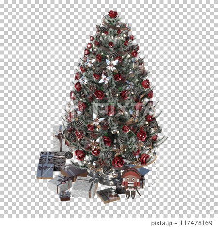 Christmas tree with decorations, isolate on a transparent background, 3d illustration, cg render Christmas tree with decorations, isolate on a transparent background, 3d illustration, cg render 117478169