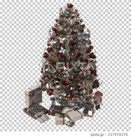 Christmas tree with decorations, isolate on a transparent background, 3d illustration, cg render Christmas tree with decorations, isolate on a transparent background, 3d illustration, cg render 117478170