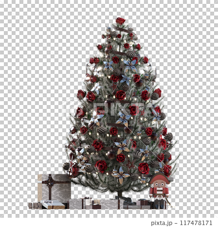 Christmas tree with decorations, isolate on a transparent background, 3d illustration, cg render Christmas tree with decorations, isolate on a transparent background, 3d illustration, cg render 117478171
