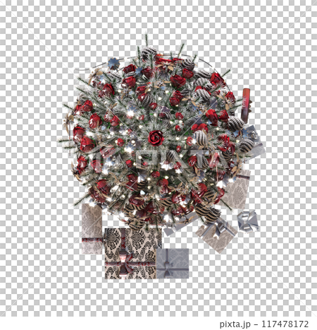 Christmas tree with decorations, isolate on a transparent background, 3d illustration, cg render 117478172