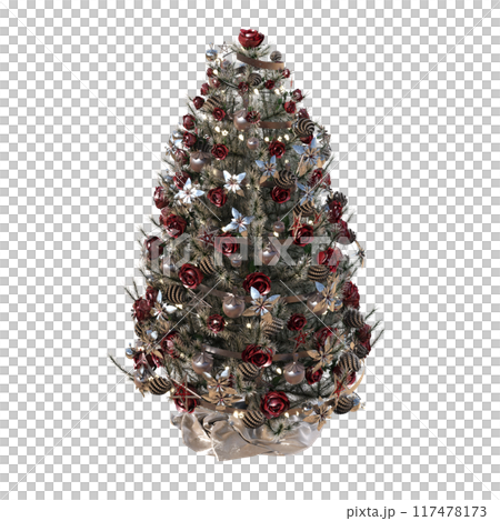 Christmas tree with decorations, isolate on a transparent background, 3d illustration, cg render Christmas tree with decorations, isolate on a transparent background, 3d illustration, cg render 117478173