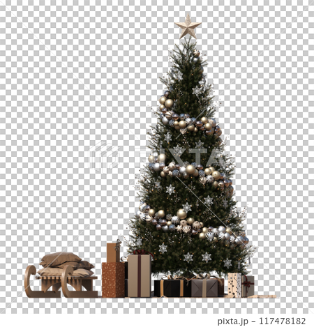 Christmas tree with decorations, isolate on a transparent background, 3d illustration, cg render 117478182