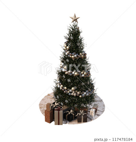 Christmas tree with decorations, isolate on a transparent background, 3d illustration, cg render 117478184