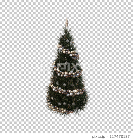 Christmas tree with decorations, isolate on a transparent background, 3d illustration, cg render 117478187