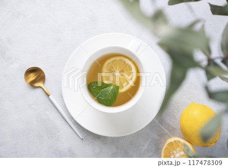 Herbal tea with lemon and mint in a white cup on a light background with eucalyptus branches  117478309