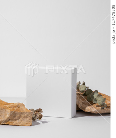 White empty box on texture stones with eucalyptus on light background with shadow. 117478508